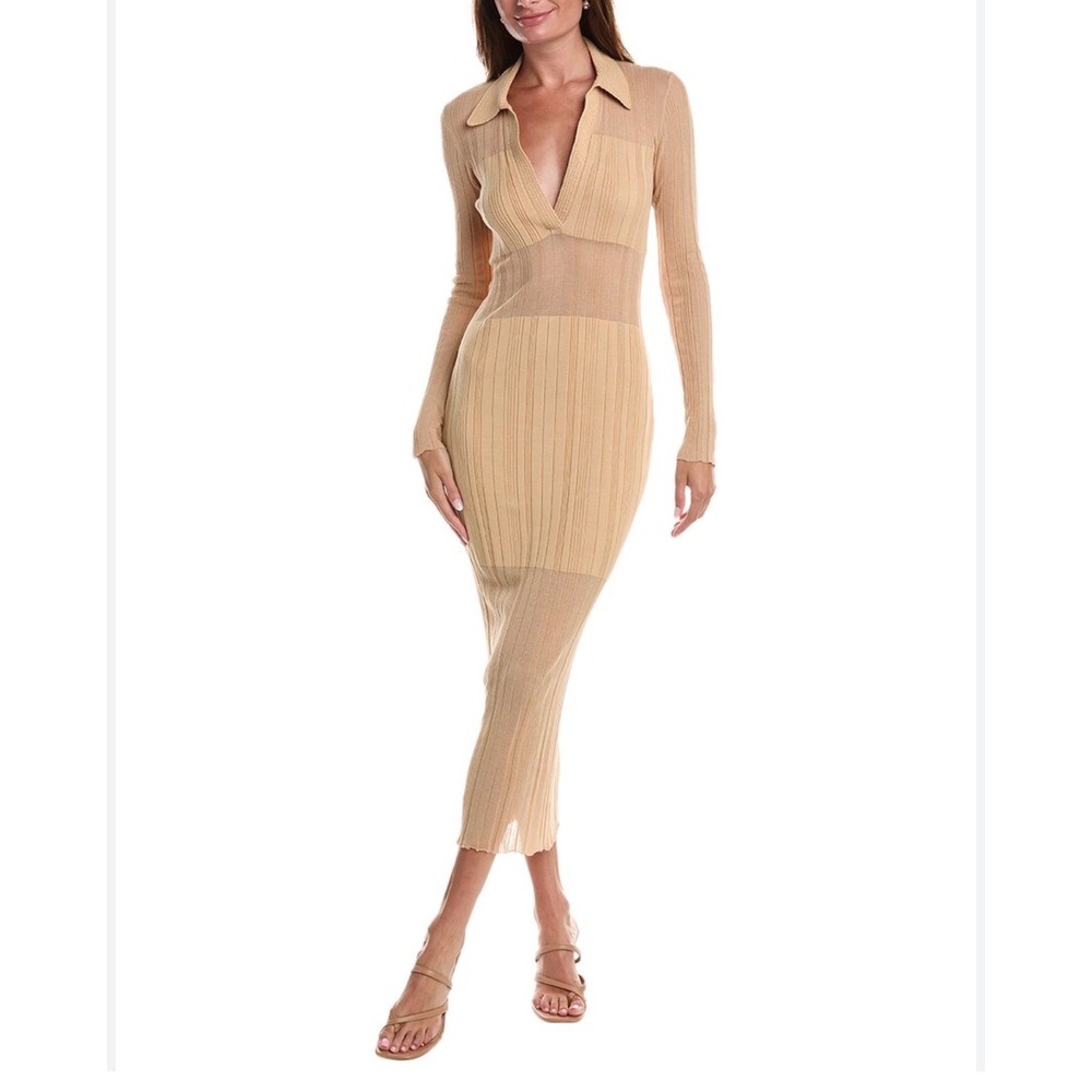 M13 BCBGMAXAZRIA Women Tan Ribbed Knit Polo Maxi Dres Long Sleeve Sheer Panels L
